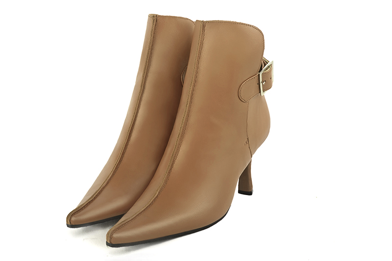 Camel beige women's ankle boots with buckles at the back. Pointed toe. High spool heels. Front view - Florence KOOIJMAN